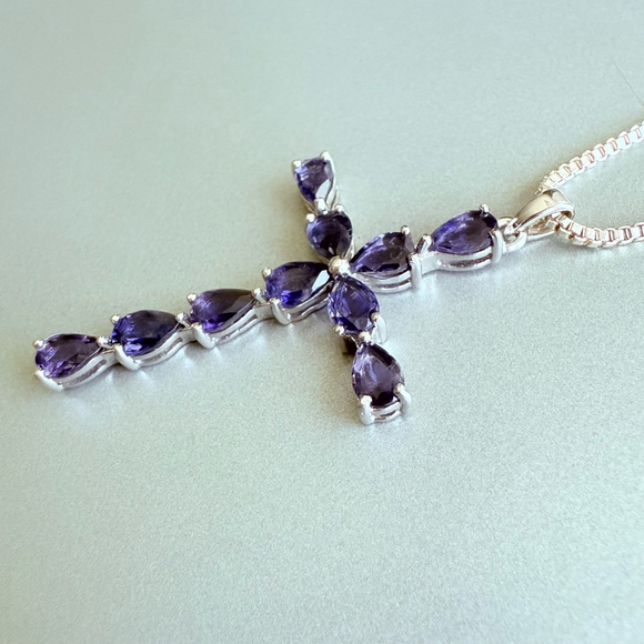 Faux Sapphire Blue CZ 925 Sterling Silver 2" Large Cross Pendant Necklace - Picture 4 of 8